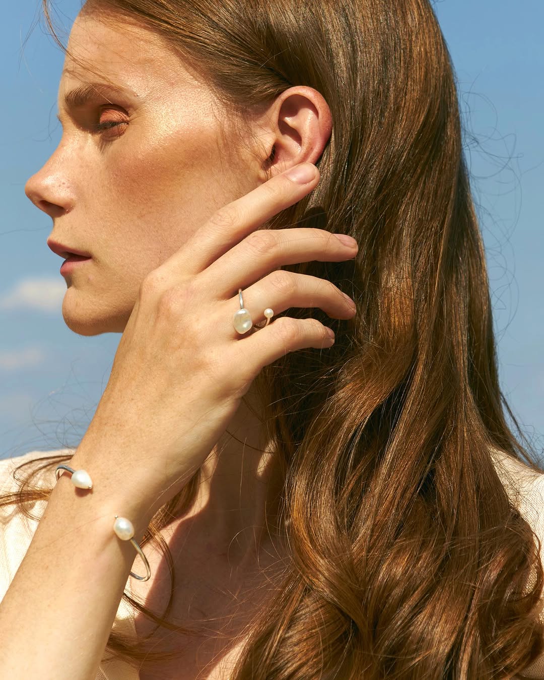 Open Ring with Two Pearls Solarsilver