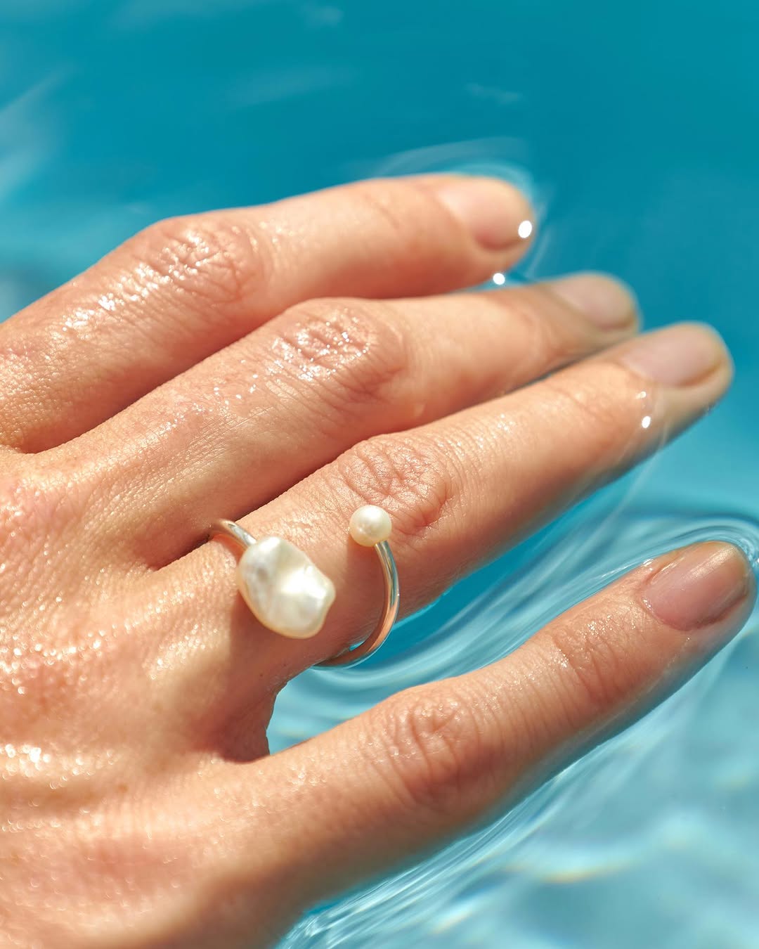 Open Ring with Two Pearls Solarsilver